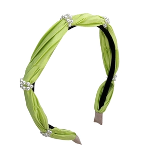 Elegant bright green pleated satin headband decorated with white pearl clusters for women