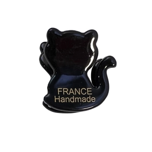 Pince à cheveux chat noir avec inscription dorée France Handmade au fini brillant