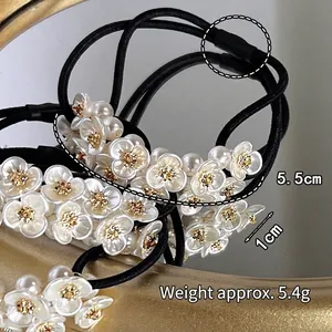 Elegant French style pearl flower hair tie with elastic band for women ponytail holder