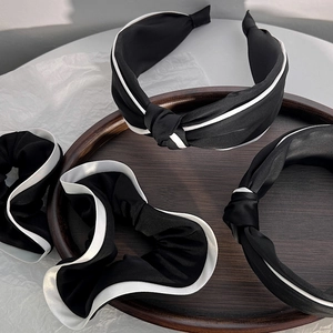 French Vintage Black White Contrast Satin Knotted Wide Hairband Elegant Large Scrunchie For Women Hair Styling Accessories