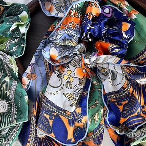 French vintage floral printed satin scrunchie scarf with elegant streamers for women