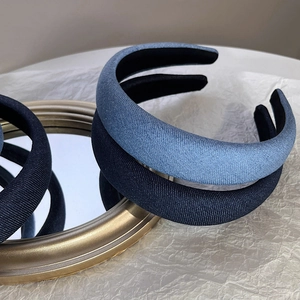 Retro Denim Fabric Padded Headband For Women Wide Thick Sponge Hair Band Fashion Solid Color Denim Blue Hair Accessories