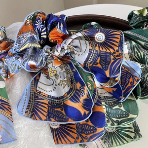 French Vintage Satin Floral Print Hair Scrunchies With Long Ribbon Streamers Bohemian Pattern Hair Ties For Women Jewelry