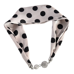 Polka dot silk scarf necklace with sparkling rhinestone and silver metal decorative balls