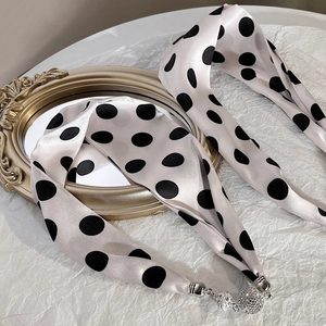 Women Vintage Polka Dot Satin Scarf Necklace With Magnetic Buckle Rhinestone Ball Charm Korean Style Elegant Hairband Accessory