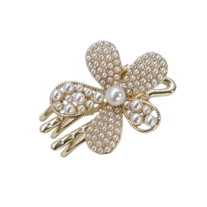Elegant gold alloy hair clip featuring a five-petal flower design with white faux pearls