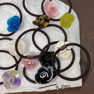 Elastic floral hair ties with 2.8cm acetate resin camellia flowers in diverse colors
