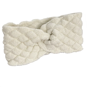 Knitted crossover wide headband with elegant diamond pattern in beige wool for winter style