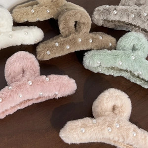 Plush hair claw clips with faux pearls in six colors for elegant French style hairstyles