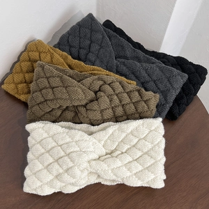 Women Winter Warm Knitted Headband Wide Twist Knot Cross Argyle Design Woolen Yarn Hair Band Outdoor Face Washing Headwear