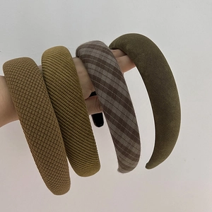 Vintage French Padded Headband For Women High Skull Top Fabric Plaid Ribbed Knitted Wide Brim Hairband Retro Hair Accessories