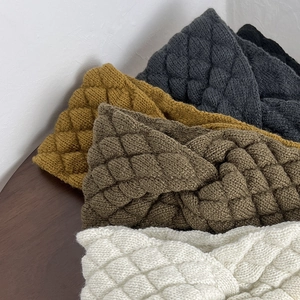 Knitted wide headband with twist cross design in ginger, grey, coffee and beige colors
