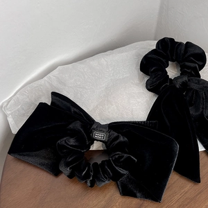 Elegant black velvet oversized bow hair scrunchies with hand-made label for women