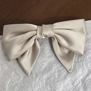 Close-up of elegant champagne satin bow hair clip with smooth texture and vintage French style