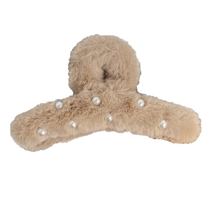 Elegant beige plush hair claw clip with faux pearls decoration for French style hairstyles