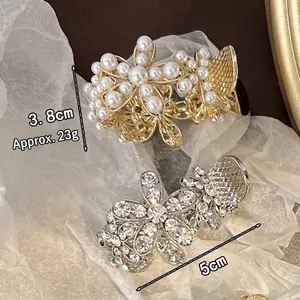 Pince à cheveux élégante avec perles et fleurs en strass pour queue de cheval