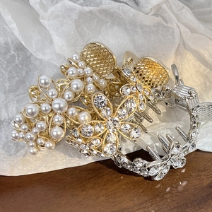 Pinces à cheveux élégantes en or et argent avec perles et strass pour queues de cheval