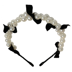 French style pearl headband with elegant black silk bows and chic retro design