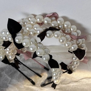 French style pearl headband with elegant fabric bows in black and pink colors