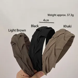 Three vintage pleated headbands in light coffee, black, and khaki fabric