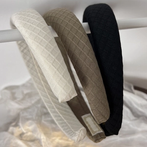 French padded sponge headband with vintage plaid pattern in white, brown and black colors