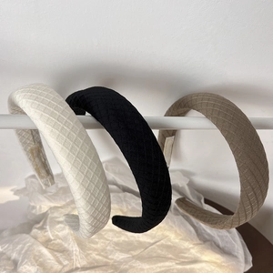 French Retro Padded Sponge Wide Headband For Women Quilted Lattice Fabric Elegant Solid Color High Top Thick Hairband