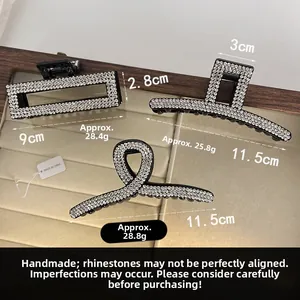 Detailed view of three French rhinestone hair claws with precise size measurements