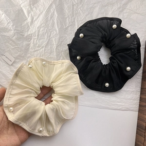 French Style Organza Artificial Pearl Scrunchies Elegant Oversized Pleated Hair Ties For Women Girls Daily Dating Hair Accessories