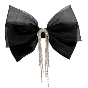 Elegant vintage black mesh bow hair clip with sparkling rhinestone tassels for women
