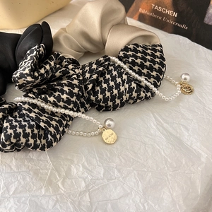 Vintage retro houndstooth and satin hair scrunchie with pearls and gold pendant charms