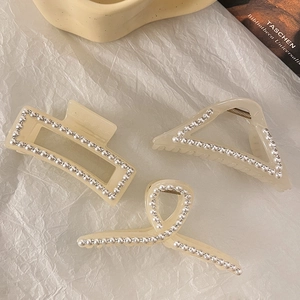 Lot de pinces à cheveux style français avec perles et strass en résine beige