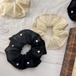 Elegant organza hair scrunchies in black and beige with pearl edge decoration