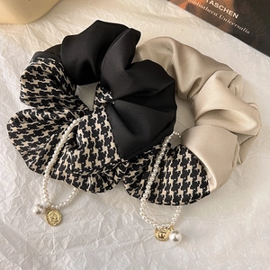 French vintage scrunchies with houndstooth pattern and pearl gold coin pendants