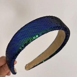 Detail of wide headband featuring glossy gradient blue sequins and soft non-slip lining