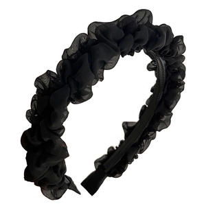 Elegant black pleated gauze headband with non-slip teeth for comfortable hair styling