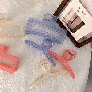 Detail of 13cm large jelly colored hair claws in minimalist rectangular and twisted designs