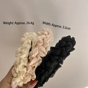 Three-piece set of French style pleated mesh braided headbands in beige, apricot and black