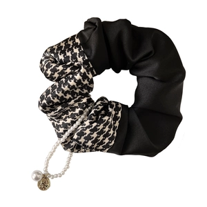 French vintage scrunchie with black satin, houndstooth patterns and pearl coin charms