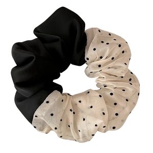 Elegant French style silk scrunchie with black and white polka dot patchwork design