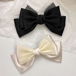 Elegant triple-layered mesh and satin bow hair clips in black and beige colors
