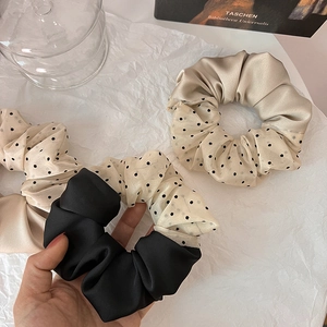 Elegant French style polka dot patchwork scrunchie for hair styling and ponytail