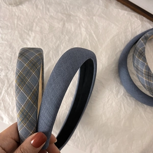 Bandeau Rembourré Vintage à Carreaux pour Femmes Bleu Denim High Top Bandeau en Tissu Accessoires de Cheveux Mode
