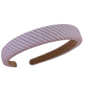Pink and blue plaid knit sponge headband with brown leather lining for women