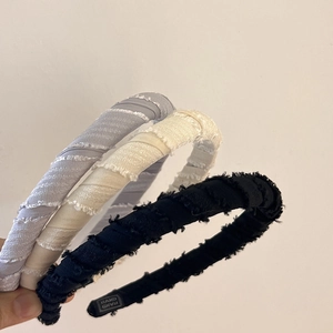 Three-piece sponge headband set in black beige and blue with textured fringe fabric