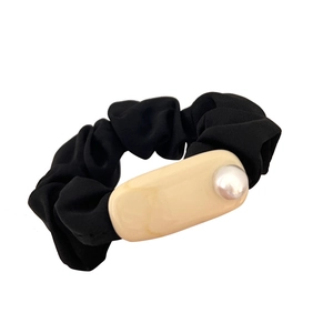 French vintage black scrunchie with cream resin block and pearl accent for women