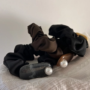 Vintage style satin scrunchies set with resin charms and elegant white pearls