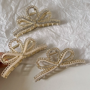 Eleganter Legierung Schleife Haarkralle Mit Künstlicher Künstliche Perle Und Strass Hohlspitze Gold Haarklammer Für Damen Haarstyling