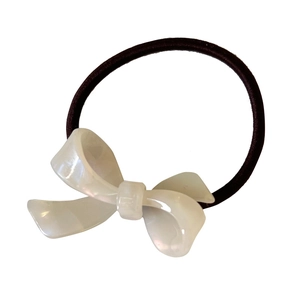 French style hair tie with cream white acetate bow and high elasticity black rubber band