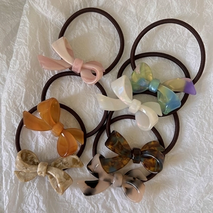 Set of 6 French acetate bow hair ties in assorted tortoiseshell and pearl colors