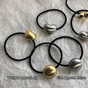 5-pack vintage brushed metal heart and sphere elastic hair ties in gold and silver